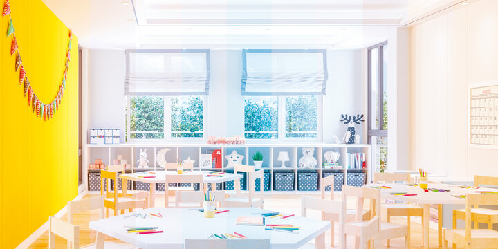 HCL Raum in einer Kindertagesstätte mit dem Verlauf verschiedener Lichtfarben, die die Funktion von Human Centric Lighting darstellt